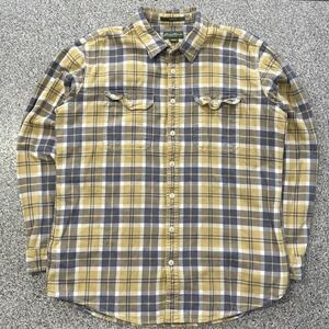 Eddie Bauer Flannel Shirt Mens XLT Yellow Grey Plaid Long Sleeve Button Up